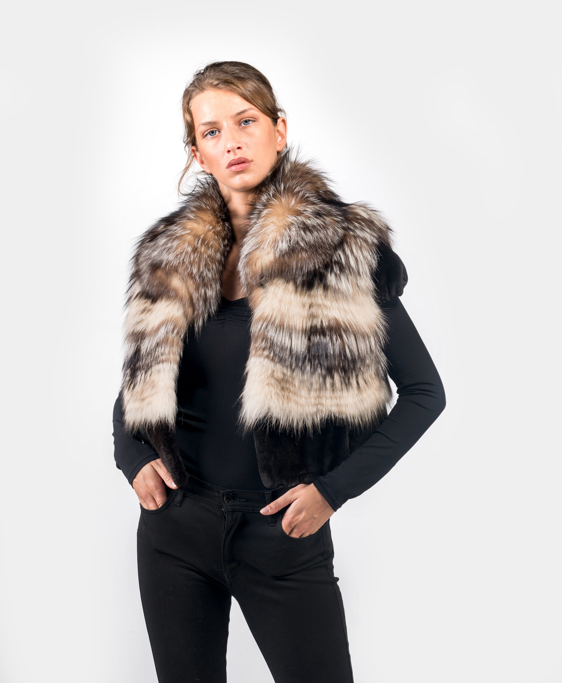 Crystal Fox Fur Vest Trim Brown Velvet Mink - Askio Fashion