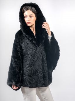 Black Hooded Swakara Cape with Black Sable