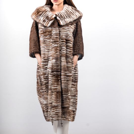 Brown White Mink Fur Coat