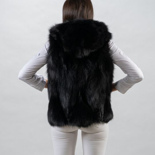 Black Hooded Blue Fox Fur Vest