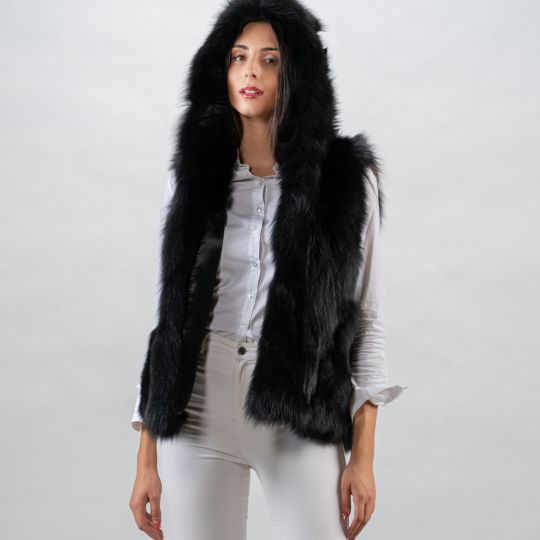 Black Hooded Blue Fox Fur Vest